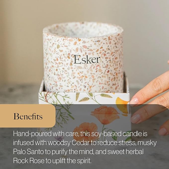 Esker Terrazzo Plantable Candle – Hand-Poured Soy Wax with Essential Oils, Eco-Friendly Reusable Planter, Includes Wildflower Seed Paper for Sustainable Gifting