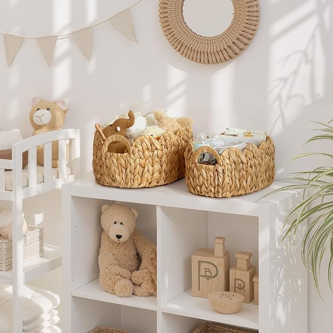 StorageWorks Scalloped Wicker Basket, Hand-woven Rattan Baskets with Built-in Handles, Cute Baby Basket for Nursery, Water Hyacinth Baskets for Organizing and Decor, 2 Pack