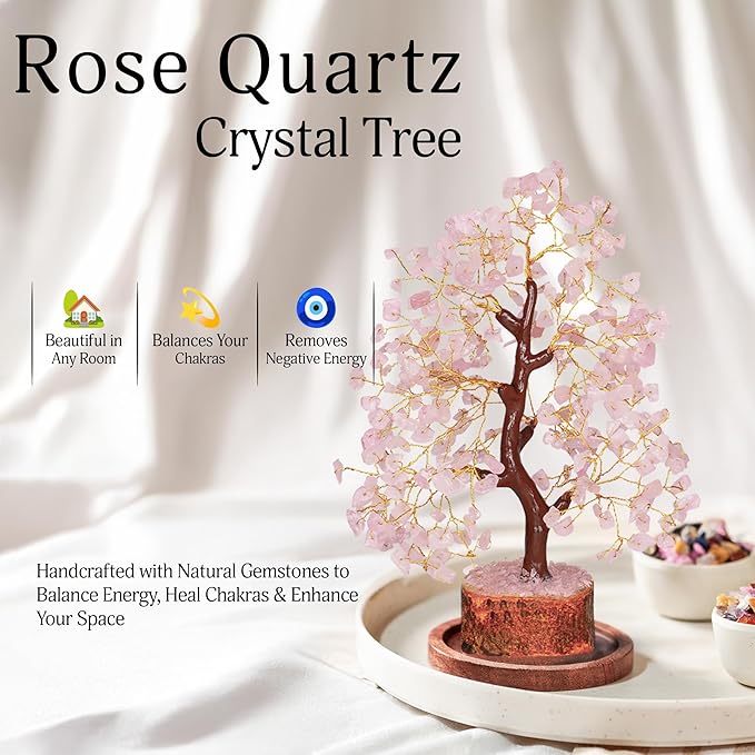 YATSKIA Rose Quartz Tree - Quartz Crystal Tree for Positive Energy - Birthday Gifts for Women - Feng Shui Decor - Gemstone Home Decor - Pink Desk Accessories