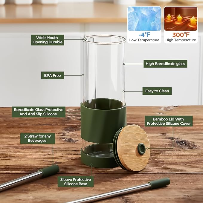Glass Cups With Lids and Straws, 20oz Reusable Iced Coffee Cup, Olive Glass Tumbler with Silicone Sleeve, Perfect for Fruity Drinks, Iced Tea, or Smoothies