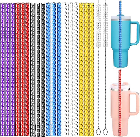18 PCS Replacement Straight Long Straws Compatible with Stanley 40 oz 30 oz 64 oz Tumbler- Stanley Replacement Plastic Straw,Reusable Drinking Straws for Stanley Cup Accessorie with 2 Cleaning Brush