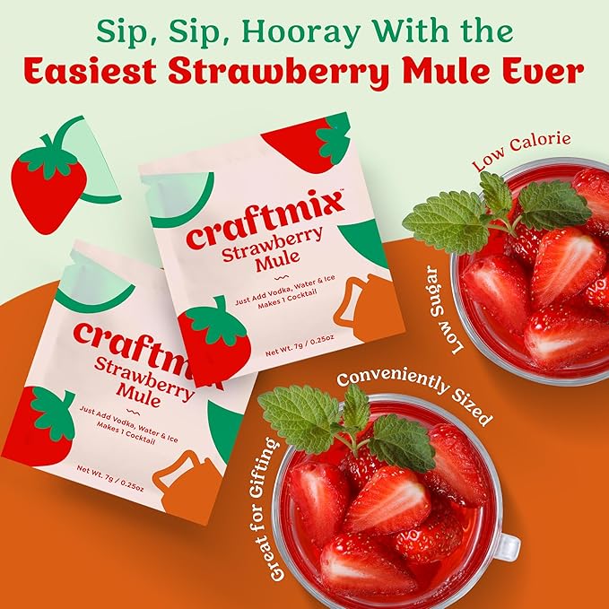 Craftmix Strawberry Mule Cocktail & Mocktail Drink Mixer, Skinny Mixes - Water Flavoring Packets - Made With Real Fruit - Vegan, Low-Carb, Low-Sugar, Non-GMO, Dairy Free, Gluten Free, 24 Pack