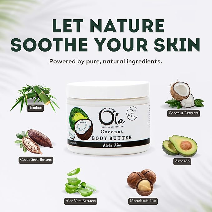 Coconut Body Butter – Moisturizing with Pure Coconut Oil and Hawaiian Plant Extracts - Ideal for Dry Skin - 5.6oz