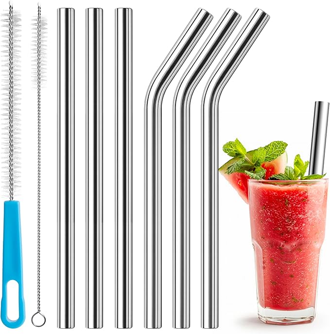 Stainless Steel Smoothie Straws-0.4" Extra Wide Reusable Metal Drinking Straws for Milkshake, Bubble Tea, Beverage, 6 Pack Metal Straw with Cleaning Brush