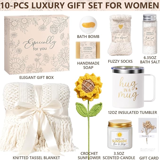 Birthday Gifts for Women Self Care Get Well Soon Gift Baskets, Spa Care Package Thinking of You Sunflower Gifts, Christmas Sending Sunshine Box Unique Gift for Women Mom Her Best Friends Sister Wife