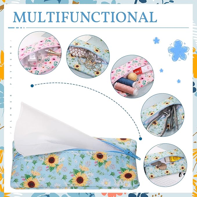 Kigeli 2 Pieces Purse Tissue Holder Travel Tissue Pouch for Purse Fabric Zipper Enclosed Pouches Reusable Flower Pattern Paper Holder for Coins, 5.25 x 3 Inches(Floral Flower Print)