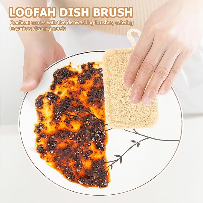 Amosfun 5pcs Natural Loofah Dish Washing Sponge Scrubber Pad Reusable Dishes Pots Cups Cleaning Scouring Pad with Hanging Rope