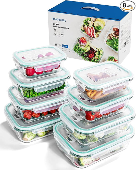 8-Piece Borosilicate Glass Food Storage Containers Set with Airtight Lids – Oven, Microwave & Freezer Safe, Leak-Proof, BPA-Free – Baking, Meal Prep & Gift Box