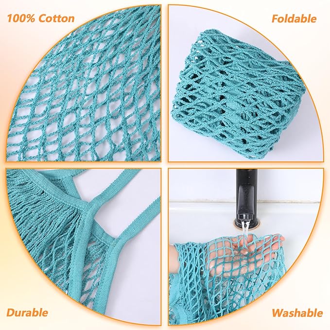 2 Pack Reusable Mesh Grocery Bags, Washable Cotton String Shopping Bag Long Handle Cotton Mesh Produce Bag for Fruit Vegetables Farmers Market