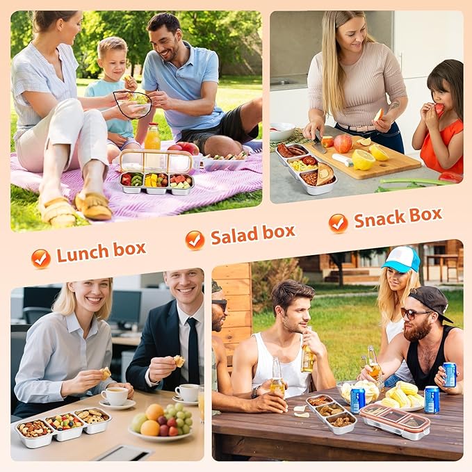 Stainless Steel Snack Box Container - 2 Pack Bento Box for Kids & Adults, 3 Compartment Leak-Proof Snack Containers with Lids（3Org+3Org）