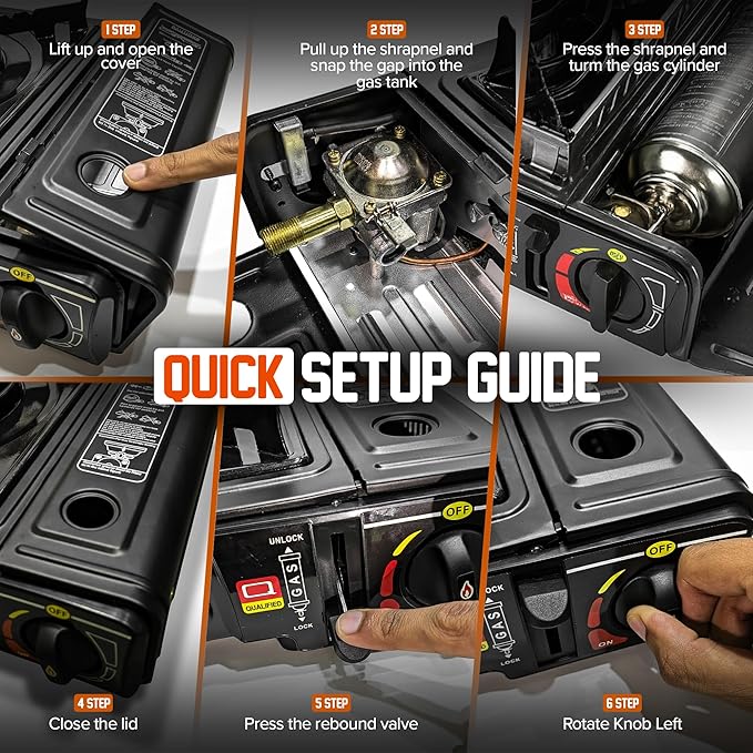 Portable Camping Stove with Plastic Suitcase 3000W Dual Fuel Compatable with Butane or Propane Fuel Tanks, Automatic Ignition, Precise Heat Control, for Camping, Hiking, and Outdoor Cookwing