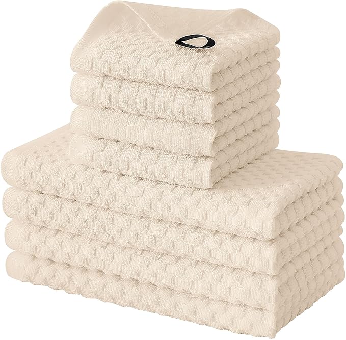 Fintale 100% Cotton Kitchen Towels and Dishcloths Set, 12 x 12 & 15 x 25 Inches, Set of 8 Bulk Super Soft and Absorbent Terry Cloth Dish Towels, Quick Drying Hand Towels with Hanging Loop, Beige