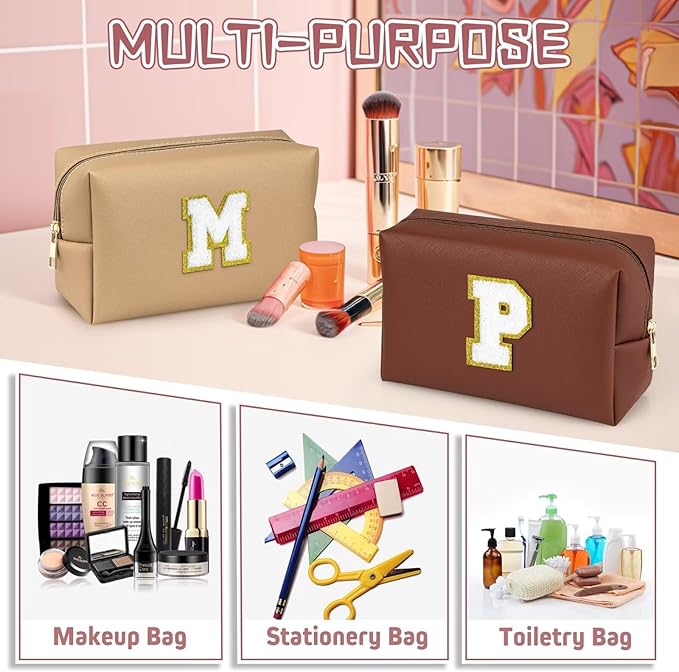 TOPEAST Initial Cosmetic Bag for Women, Preppy Small Makeup Bag, PU Leather Waterproof Toiletry Bag, Monogrammed Birthday Gifts for Women, Stuff for girls (Brown S)