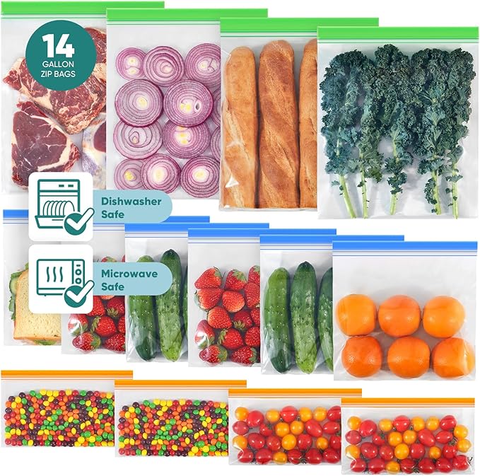 Lerine 14 Pack Reusable Freezer Bags Dishwasher Microwave Safe, Leakproof Extra-Large Reusable Snack Bags, BPA Free Food Storage Bags for Meal Prep (4 Gallon 6 Sandwich 4 Snack Bags)