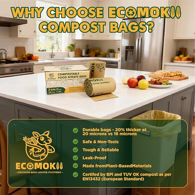 EcoMokii Compostable Trash Bags 3 Gallon, 120 Count, Extra Thick 0.8 Mil Small Compost Bags for Kitchen Countertop Bin, Food Scrap Bag Certified by BPI & OK Compost Home