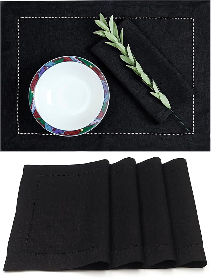 D'Moksha Homes Linen Placemats Set of 4 - Classic Hemstitch Black Placemats 14 x 19 Inch - 100% Pure Linen Table Mats for Winter, Christmas, Holiday - Handcrafted and Machine Washable