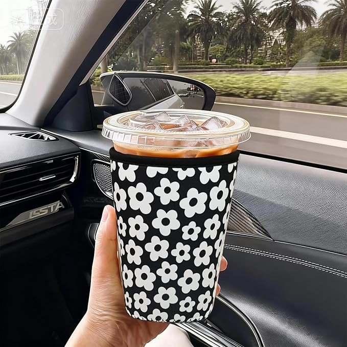 3 Pieces Reusable Insulated Neoprene Iced Coffee Cup Sleeve, Durable Drink Sleeve for Cold Beverages, Beverage Holder for Iced Coffee, 22-24 oz Medium (Floral Trio)