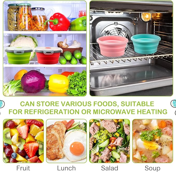 Suclain 4 Pcs Collapsible Bowls with Lids Silicone Camping Food Storage Container Expandable Folding Salad Lunch Box Travel Container for Hiking Camping(Red, Pink, Blue, Green,27 oz)
