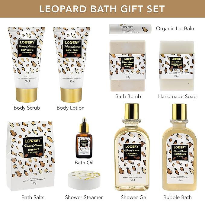 Christmas At-Home Spa Kit with Honey Almond Scent, Bath Gift Basket - Vit E-Rich Bath Essentials, Tumbler, Ear Candles, Bath Oil, Salts, Shower Steamer, Organic Lip Balm & More in Leopard Basket, 21