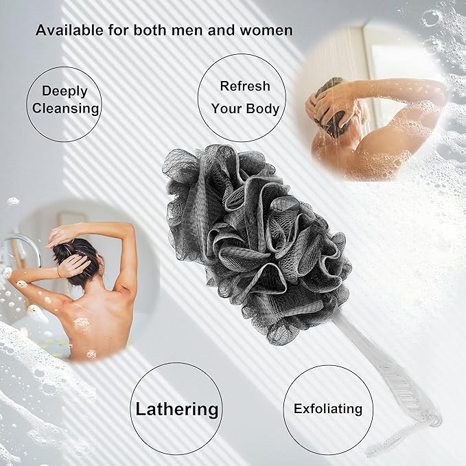 PPHAO - Black Loofah - Charcoal Loofah on a Stick - Back Bath Brush Long Handle - Back Loofah for Shower for Men and Women - Loofah Sponge - 1Pack