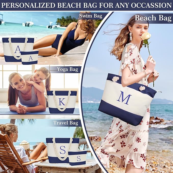 YOOLIFE Christmas Gifts for Women - Personalized Initial Canvas Beach Bags for Women Gifts for Mom Teacher Friend Birthday