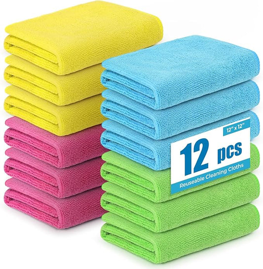 Microfiber Cleaning Cloths 12x12IN 12Pack Grey Lint Free Kitchen Cloths - Extra Thick, Streak-Free, Lint-Free, Fast Absorbent - Reusable Multi-Purpose Housekeeping Rags for Cars, Dishes, Floors, Tiles