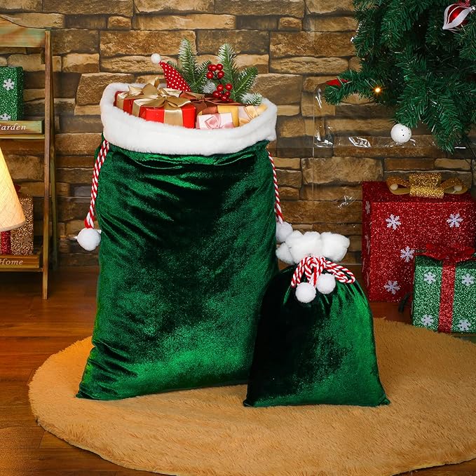 Shappy 2 Pieces Christmas Velvet Santa Bags with Drawstring in 2 Size Large Christmas Bags Santa Gift Sack for Xmas Playing Present Toy(Dark Green)