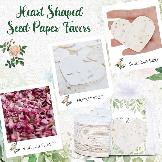 50 Sets Wedding Gifts for Guests Heart Shaped Seed Paper Baby Shower Seed Packet Party Favor Plantable Paper Thank You Cards and Organza Bags for Bridal Shower Party Favors(Leaves Style)