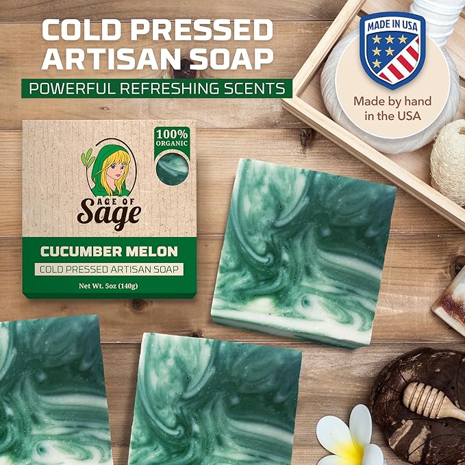 Natural Bar Soap for Men - Vegan Bath Soap Bars Gift Set - Handmade Cold Process Artisan Soap w/Essential Oil, All Moisturizing Wash Soaps, Fragrant Cucumber Melon Scent (4 Pack)
