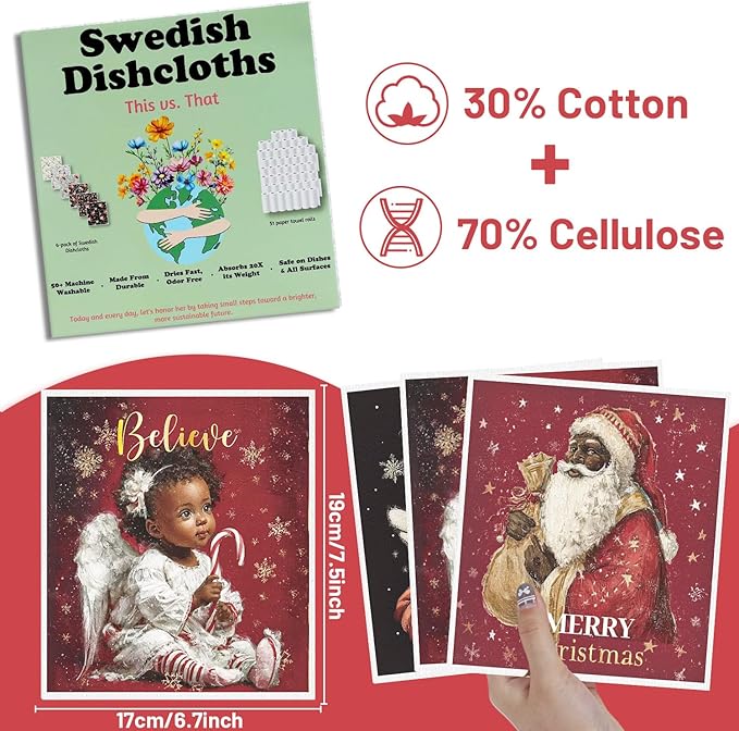 Christmas African American Swedish Dishcloths for Kitchen, 6PCS Black Girl and Santa Swedish Dish Cloths Gift Set, Reusable Absorbent Dish Towel for Xmas Home Cleaning(7.8 X 7 Inches)