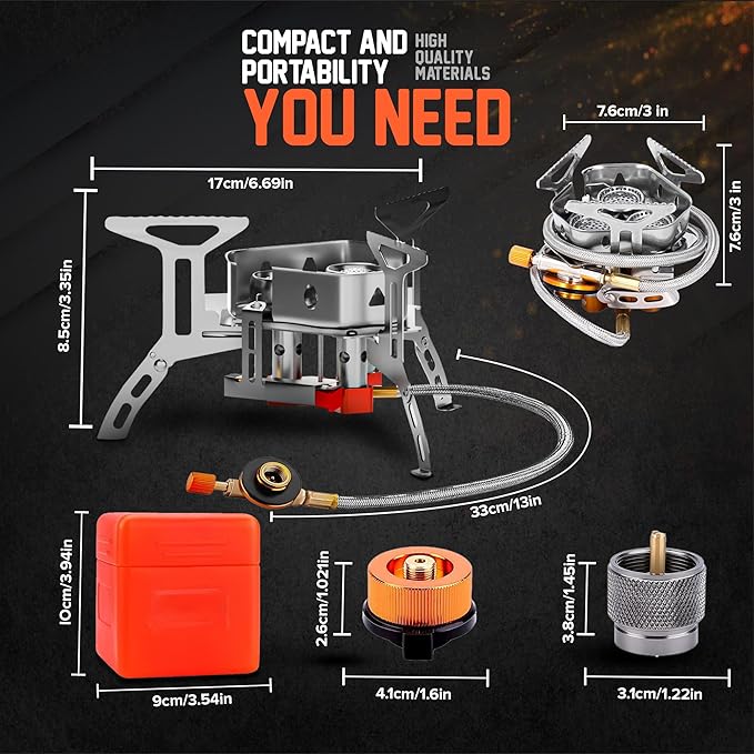 5000W Camping Stove, Backpacking Windproof Camp Stove with Piezo Ignition Carrying Case and 2 Additional Adapters, Compatable with Isobutane, Propane, Butane Tanks, Portable and Collapsible