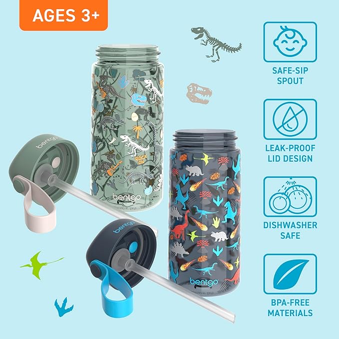 Bentgo Kids Water Bottle 2-Pack - Leak-Proof, Durable Tritan, BPA-Free 15 oz. Cup for Kids/Toddlers Ages 3+, Safe Sip Spout, & Dishwasher Safe for School/Sports/Daycare/Camp (Dinosaur/Dino Fossils)