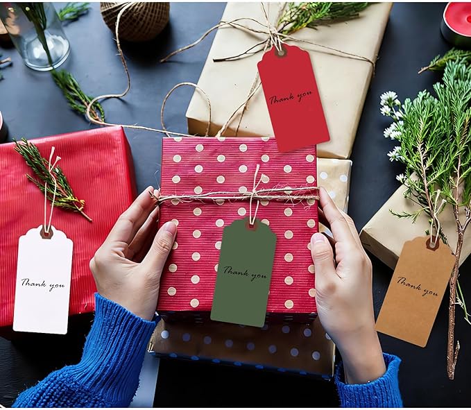 Outus 60 Pcs 4 3/4-in x 2 3/8-in Blank Large Paper Gift Tags with String and Reinforced Eyelet Wire Writable Price Tags Shipping Labels Inventory Labels (Christmas Colors)
