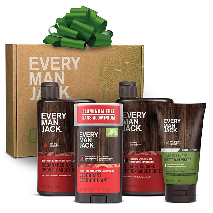 Every Man Jack Men's Bath and Body Gift Set - Cedar & Red Sage Scent - Clean Ingredients - Includes Hydrating Body Wash, 2-in-1 Shampoo, Aluminum-free Deodorant & Face Wash