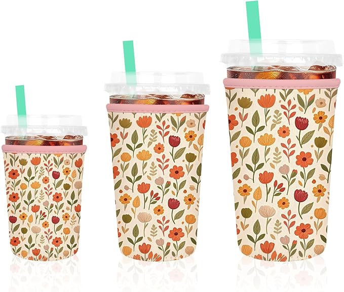 3 Pack Iced Coffee Sleeve, Reusable Insulated Neoprene Cup Sleeve for Cold & Hot Drinks Beverages, Cup Holder for 16-32oz Coffee Cups,Beauty Flowers