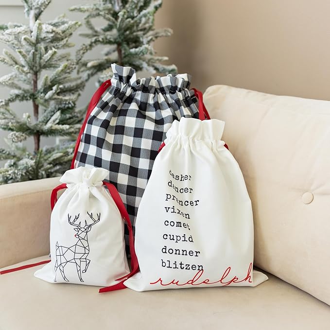 Gather & Knot Drawstring Christmas Gift Bags | 20" Large 16" Medium |Reusable Reindeer Fabric Gift Wrap for Holidays | Mix & Match Set
