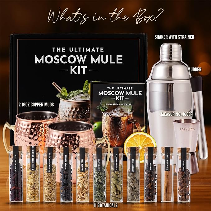 Moscow Mule Kit Gift Set - 2 Copper Moscow Mule Mugs - 11 Botanicals - Stainless Steel Shaker & Jigger - Mudder - Recipe Book -Cocktail Kit - Basket Gifts for Women - Unique Accessories for Infusion