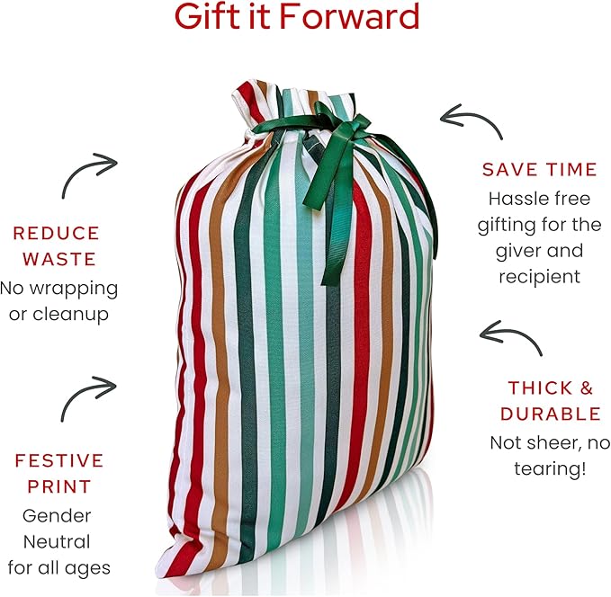 Gather & Knot Drawstring Christmas Gift Bags | 20" Large 16" Medium | Premium Canvas | Reusable Fabric Wrap for Holidays | Mix & Match | Green Stripes