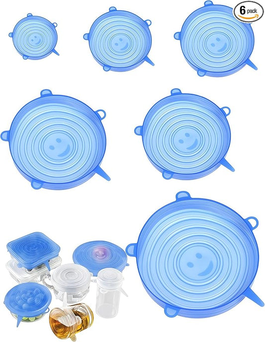 luvilly6 Pack Blue Reusable Silicone Stretch Lids, Flexible Silicone Bowl Covers Airtight Food Containers, Leakproof Seal for Kitchen Storage/Microwave Ovens Freezers