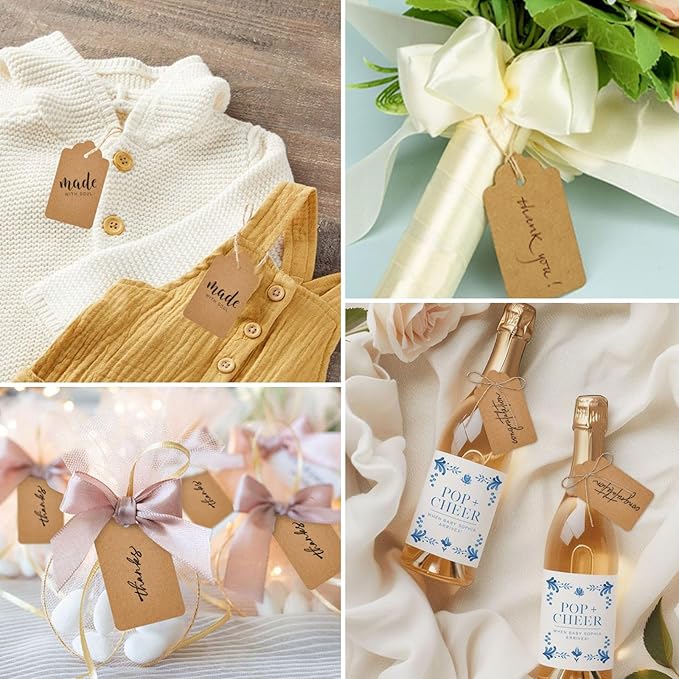SallyFashion 100pcs Gift Tags with String Attached, 1.7 x 2.8 inch Kraft Paper Hang Tags for Clothes DIY Crafts Wedding Holiday (Brown)