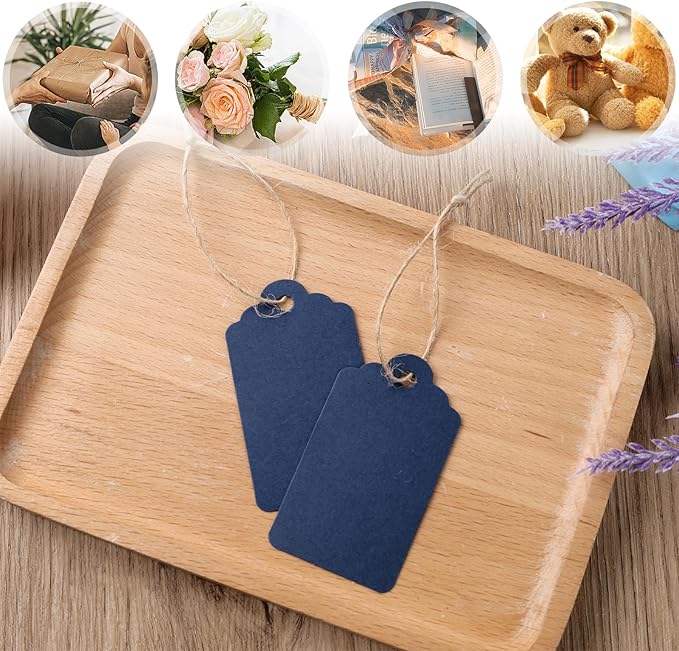 SallyFashion 120PCS Gift Tags with String, Navy Blue Paper Gift Tags Hanging for Wedding Birthday Gifts DIY
