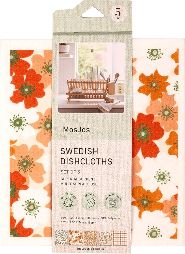 MosJos Swedish Dishcloths, Vintage Plant-Based Cellulose, 6.7x7.5 Inch, Super Absorbent, Multi-Surface, Machine Washable, Reusable, 5 Pack (Orange Green)