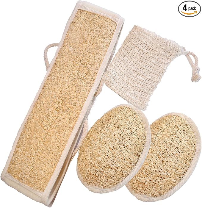 Natural Loofah Back Scrubber for Shower for Men and Women, Exfoliating Loofah Sponge with Soap Saver, 4-pcs