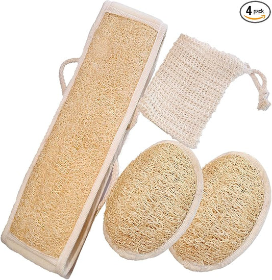 Natural Loofah Back Scrubber for Shower for Men and Women, Exfoliating Loofah Sponge with Soap Saver, 4-pcs