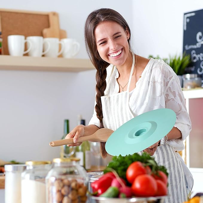 Silicone Lids Extra Large Teal Set of 6 Sturdy Suction Seal Covers. Universal fit for Pots, Fry Pans, Cups, and Bowls 5" to 12". Natural grip handles interlock for easy use and storage. Food Safe.