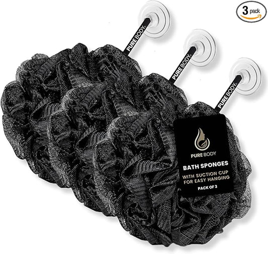 Large Black Bath Sponge, Gentle Exfoliation Mesh Sponges, Long Lasting Loofah with Suction Cup Attached, Easy Hang to Dry Pack of 3