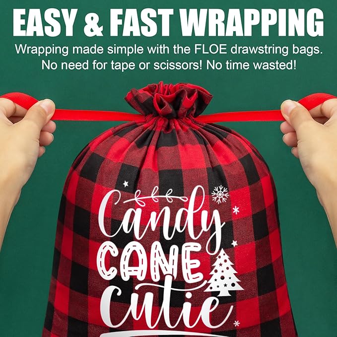 16 PCS Christmas Drawstring Gift Bags with Tags, Buffalo Plaid Large Xmas Gift Bags Assorted Sizes Bulk, Cotton Fabric Holiday Gift Bag Jumbo Medium Small Xmas Wrapping Bag for Presents Party Favors
