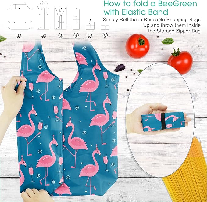 BeeGreen Christmas Animals Reusable Grocery Bags 6 Pack Animal Pattern Reusable Shopping Bags Bulk Christmas Gifts Tote Bags Flamingo Peguin Dog Cat Hedgehog Bear