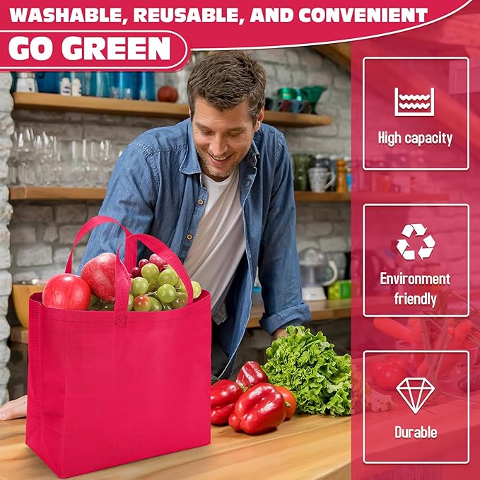 Windyun Reusable Grocery Bags Large Non Woven Shopping Bags with Handles Foldable Portable Tote Bulk, 12.6 x 11.8 x 6.3 Inch