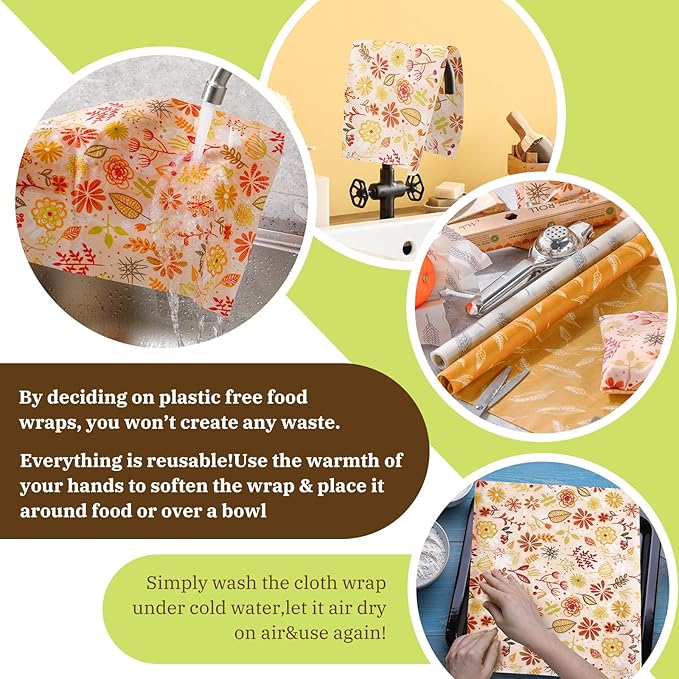 Moukeren 3 Rolls Reusable Beeswax Wrap Roll Bees Wrap "13 x 40" Beeswax Wraps for Food Beeswax Paper Wrappers Cotton Bread Sandwich Wrapper for Kitchen Storage Gifts, 3 Styles(Classic)